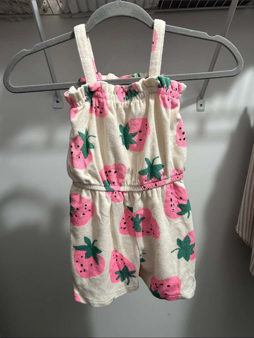 H&M Cream Romper with Pink Strawberry Print… runs small